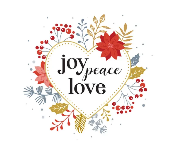 Vreugde, vrede, liefde, Vrolijk kerstkaartje met belettering op elegante bloemige achtergrond. Vector ontwerpkaart en banner — Stockvector
