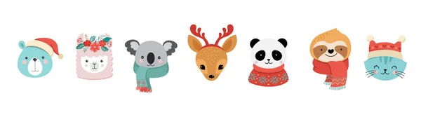 Sammlung niedlicher Weihnachtstiere, Frohe Weihnachten Illustrationen von Panda, Fuchs, Lama, Faultier, Katze und Hund mit winterlichen Accessoires — Stockvektor