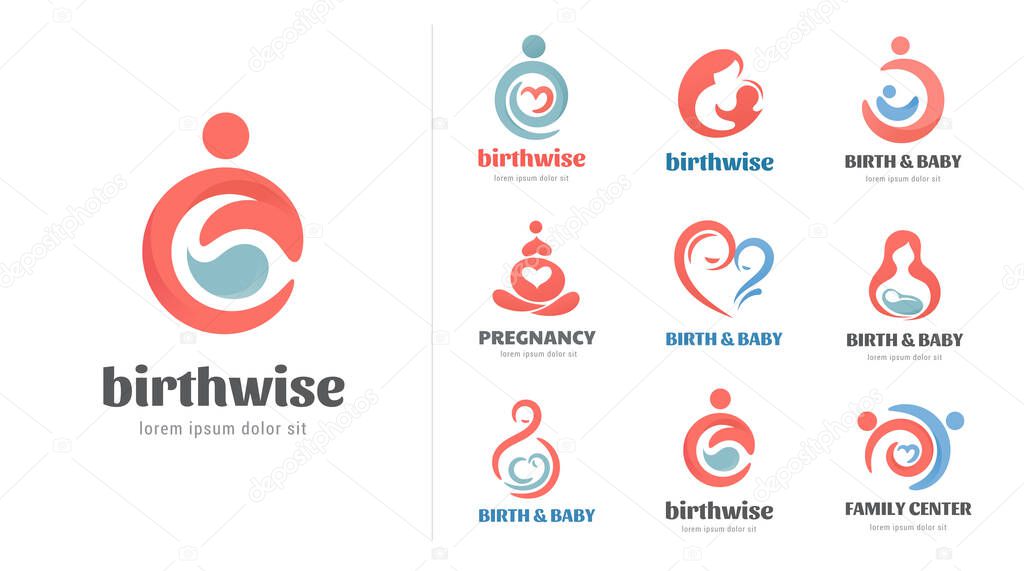 Birth, pregnancy, family and baby care logos and symbol collection. Vector design set