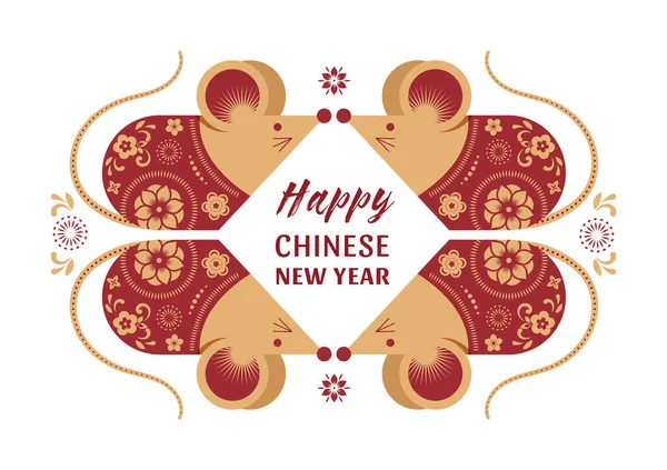 Feliz diseño chino para el nuevo año. 2020 Rat zodiac. Cortar dibujos animados con el ratón. Ilustración de vectores y concepto de bandera — Archivo Imágenes Vectoriales