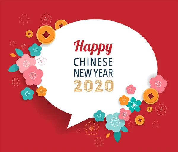 Design de ano novo chinês feliz com bolha de fala. 2020 Zodíaco de ratos. Ilustração vetorial e conceito de banner —  Vetores de Stock