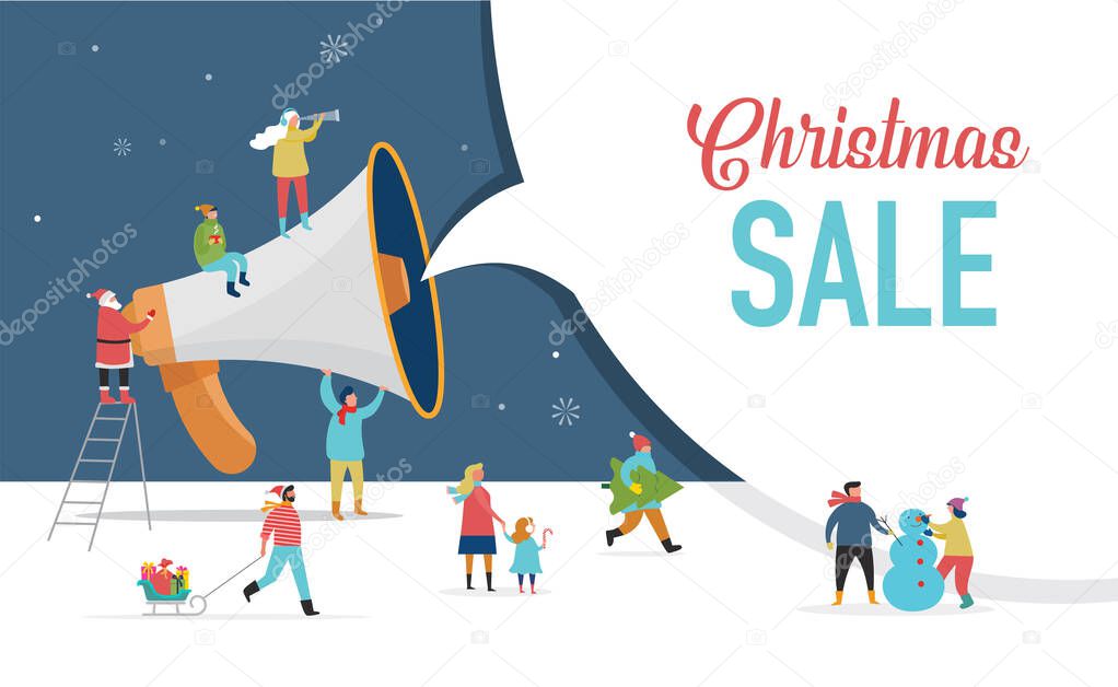 Christmas announcement, Merry christmas, Happy new year background, sale banner with scene of miniature people, Santa Claus with huge megaphone, families and children.