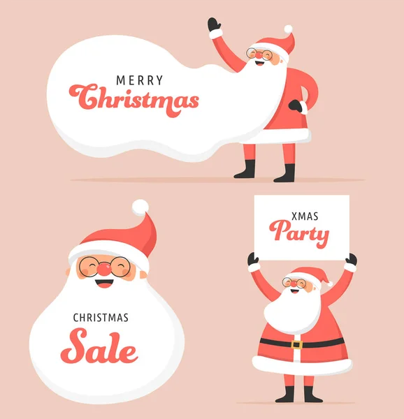 Collection of happy Santa Clauses, dancing, jumping, holding sign, driving on scooter — ストックベクタ
