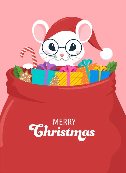 Santa Mouse, chiński Nowy Rok i Merry Christmas koncepcja projektowania. Ilustracja wektora w stylu płaskim — Wektor stockowy