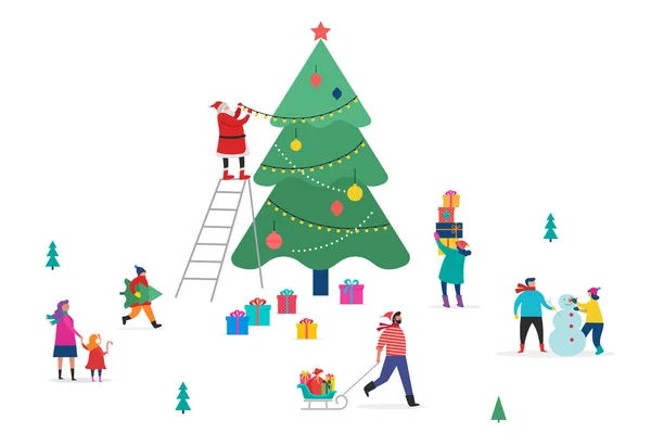 Feliz Navidad, escena de invierno con un gran árbol de Navidad y gente pequeña, hombres y mujeres jóvenes, familias divirtiéndose en la nieve — Vector de stock