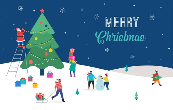 Счастливого Рождества, зимняя сцена с большой елкой и маленькими людьми, юноши и девушки, семьи веселятся в снегу — стоковый вектор