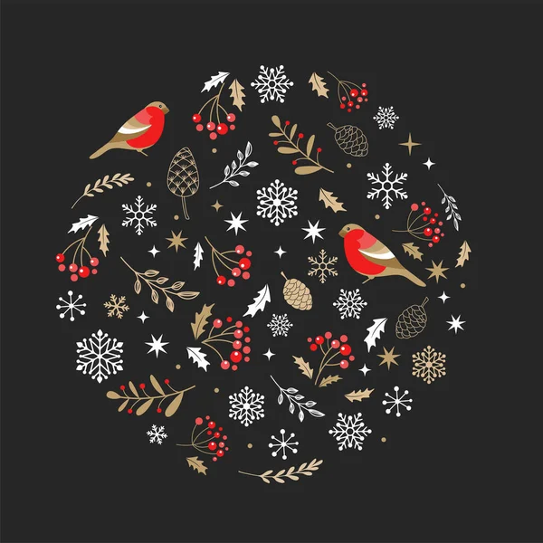Elegante adorno navideño dorado y negro con elementos navideños. Ilustración vectorial — Archivo Imágenes Vectoriales