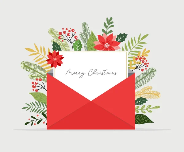 封筒からクリスマスの手紙が出てくる。Xmasメッセージを書くための空白の白い紙。ベクターイラスト — ストックベクタ