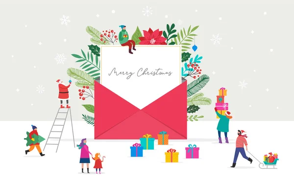 Carta de Navidad saliendo del sobre. Libro blanco en blanco para escribir el mensaje de Navidad. Ilustración vectorial — Archivo Imágenes Vectoriales
