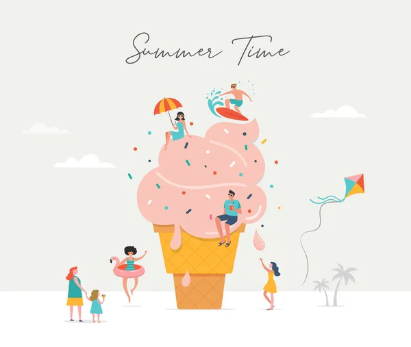 Літня сцена, група людей, що розважаються навколо величезного морозива, серфінгу, купання в басейні, пиття холодного напою, гра на пляжі — стоковий вектор