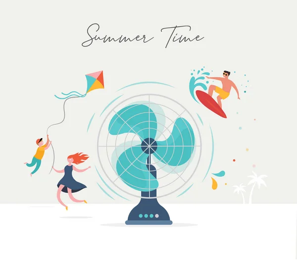 Летняя сцена, группа людей развлекается вокруг огромного вентилятора, серфинг, плавание в бассейне, питье холодных напитков, игра на пляже — стоковый вектор