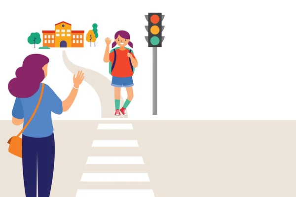 Schoolgirl crossing a road on her way to school, mother saying goodbye. Crossing the road safely concept illustration. — Stock Vector