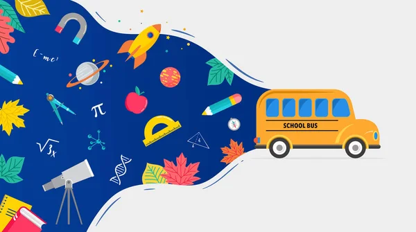 Autobús escolar, ilustración del concepto escolar con iconos de materiales y libros. Diseño de fondo vectorial — Archivo Imágenes Vectoriales