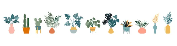 Jungle urbaine, décor tendance à la maison avec des plantes, des cactus, des feuilles tropicales dans des jardinières et des pots élégants. Illustration vectorielle — Image vectorielle