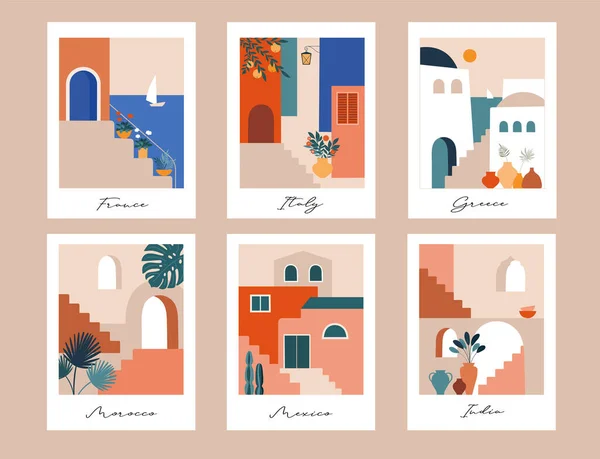 Luoghi astratti, borghi, stradine, centri storici in Marocco, Messico, Grecia e Italia dai colori pastello. Illustrazioni vettoriali e design — Vettoriale Stock