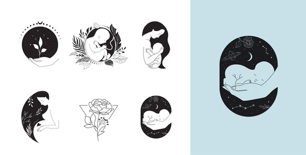 Maternidade, maternidade, bebês e mulheres grávidas logotipos, coleção de ilustrações vetor estilo fino, desenhado à mão e ícones — Vetor de Stock