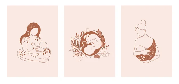 Logos de maternité, maternité, bébés et femmes enceintes, collection d'illustrations et d'icônes vectorielles de style fin dessinées à la main — Image vectorielle