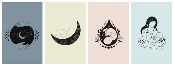 Maternidade, maternidade, bebês e mulheres grávidas logotipos, coleção de ilustrações vetor estilo fino, desenhado à mão e ícones — Vetor de Stock
