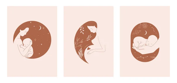 Maternidade, maternidade, bebês e mulheres grávidas logotipos, coleção de ilustrações vetor estilo fino, desenhado à mão e ícones —  Vetores de Stock