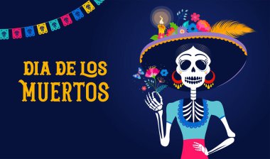 Dia de los muertos, Ölüler Günü, Meksika bayramı, festival. Çiçekli taçlı Catarina 'dan yapılmış bir kadın kafatası. Poster, afiş ve şeker kafataslı kart