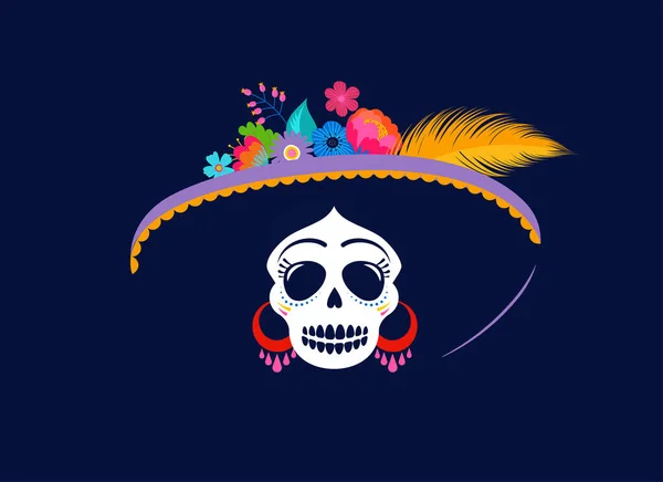 Dia de los muertos, Den mrtvých, mexické svátky, festival. Ženská lebka z Catariny s květinovou korunou. Plakát, banner a karta s cukrovou lebkou — Stockový vektor