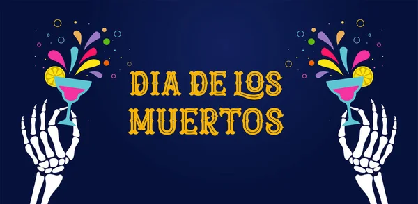 Dia de los muertos, De dödas dag, Mexikansk högtid, festival. Vektor affisch, banderoll och kort med skelett händer som håller blommor, cocktail dryck — Stock vektor