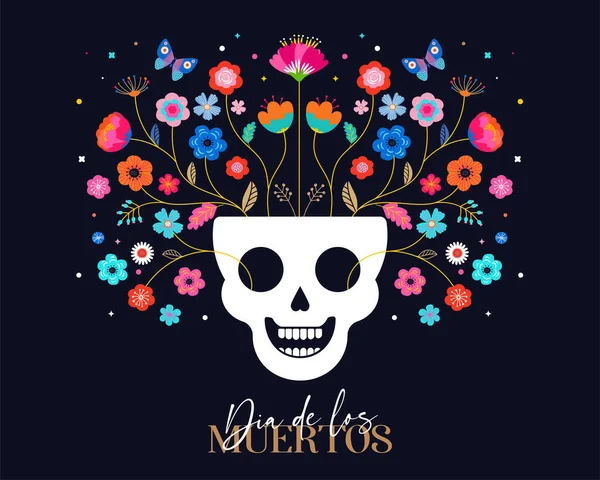 Día de los muertos, Día de los muertos, estandarte con coloridas flores mexicanas. Fiesta, cartel de vacaciones, volante de la fiesta, tarjeta de felicitación divertida — Archivo Imágenes Vectoriales