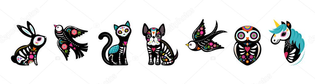 Day of the dead, Dia de los muertos, animals skeletons collection, dog, bird, unicorn, bunny and cat skulls and skeleton decorated with colorful Mexican elements and flowers. Fiesta, Halloween