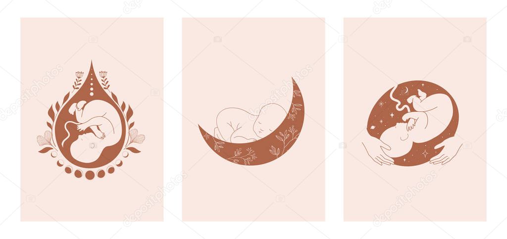 Motherhood, maternity, babies and pregnant women logos, collection of fine, hand drawn style vector illustrations and icons 
