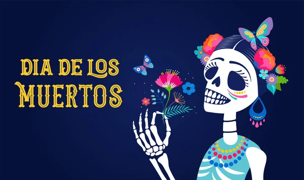 Dia de los muertos, День мертвих, Мексиканське свято, свято. Жіночий череп з утворенням Катаріни з квітковою короною. Плакат, банер і карта з цукром. — стоковий вектор