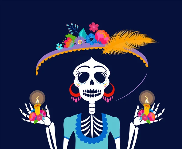 Dia de los muertos, De dödas dag, Mexikansk högtid, festival. Kvinna skalle med smink av Catarina med blommor krona. Affisch, banderoll och kort med sockerskalle — Stock vektor