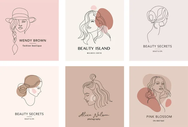 Logo vektor dan templat desain merek dalam gaya minimal, untuk pusat kecantikan, studio mode, salon potong rambut dan kosmetik - potret perempuan, wanita cantik wajah - Stok Vektor