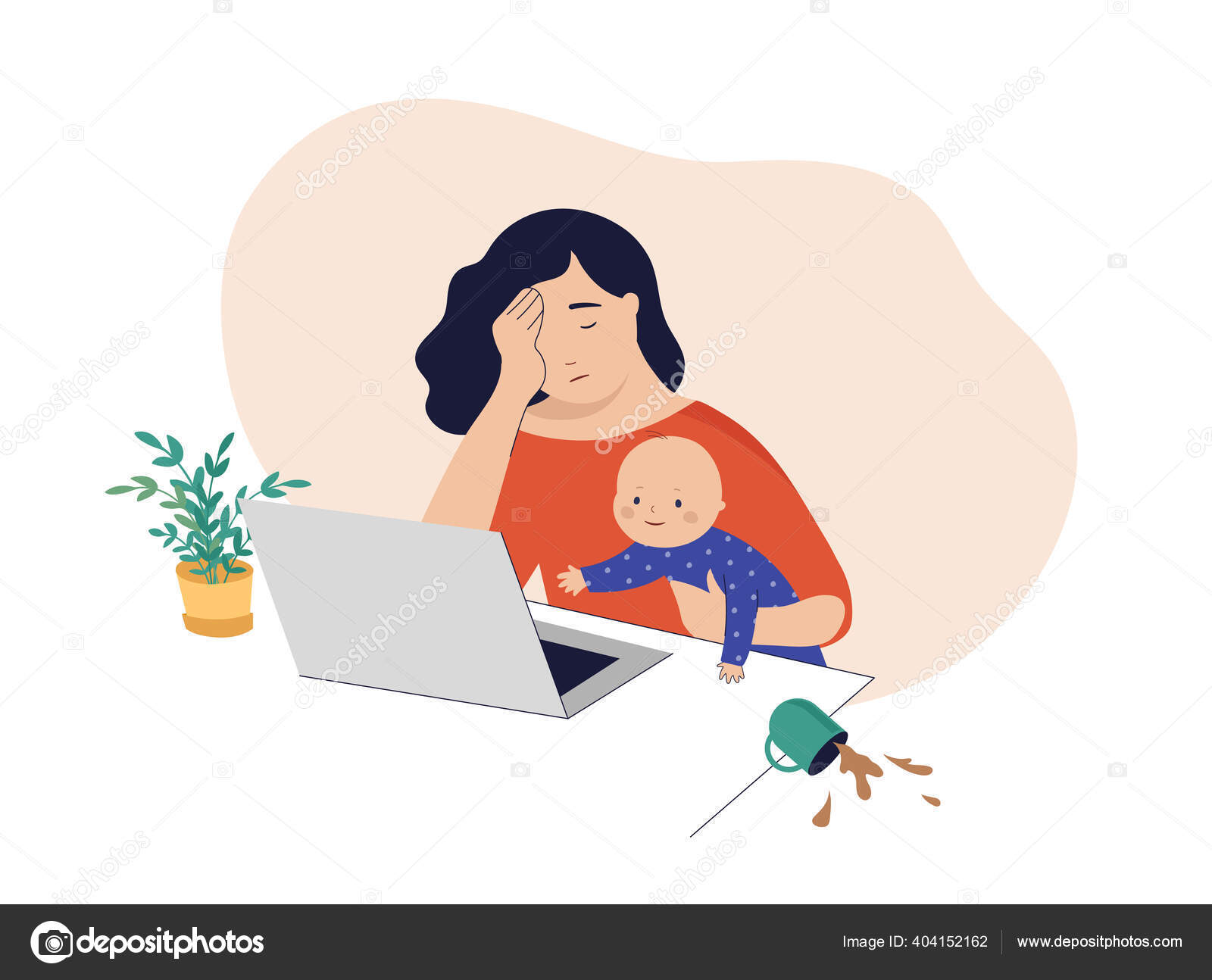 Tired mom trying to work, holding baby in her arms Stock Illustration by  ©marish #404152162