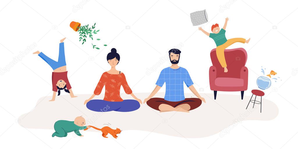 Tired parents, mom and dad of two kids trying to relax, to meditate. Children play, jump and run around them
