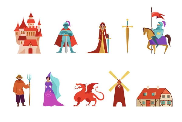 Középkori és tündérmesék karakterek, lovagok, farmer, hercegnő és lovak. Vektorillusztrációk — Stock Vector