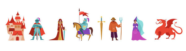 Medieval and fairy tales characters, knights, farmer, princess and horses. Vector illustrations 