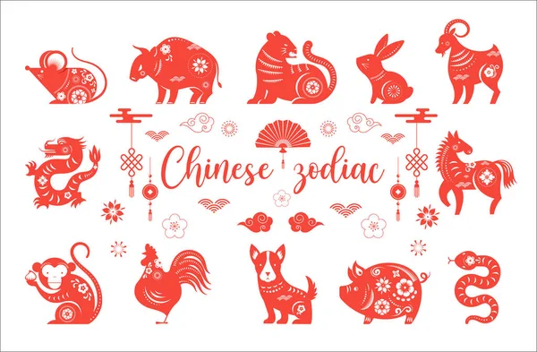 Ano novo chinês, símbolos de animais zodiacais chineses —  Vetores de Stock