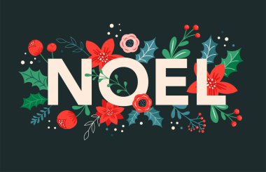 Noel arkaplanları ve yeni yıl soyut botanik çizimleri, kartlar ve kırmızı çiçekli ve yapraklı desenler. 