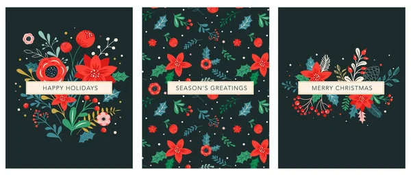 Fundos de Natal e Ano Novo ilustrações botânicas abstratas, cartões e padrões com flores vermelhas e folhas. —  Vetores de Stock