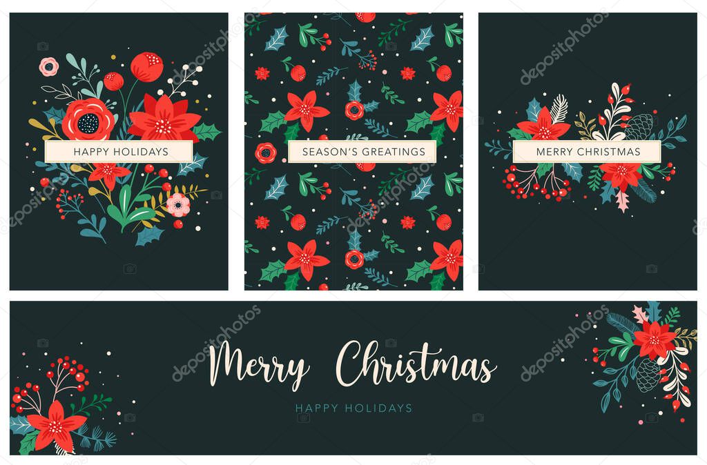 Christmas backgrounds and New year abstract botanical illustrations, cards and patterns with red flowers and leaves. Vector illustration