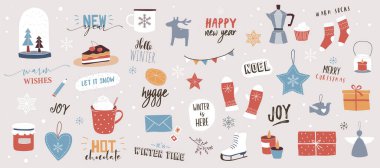 Noel süslemeleri, bayram hediyeleri, kış örgü yün kıyafetler, zencefilli ekmek, ağaçlar, hediyeler ve penguen koleksiyonu. Düz çizgi film tarzında renkli vektör illüstrasyonu.