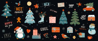 Noel süslemeleri, bayram hediyeleri, kış örgü yün kıyafetler, zencefilli ekmek, ağaçlar, hediyeler ve penguen koleksiyonu. Düz çizgi film tarzında renkli vektör illüstrasyonu.