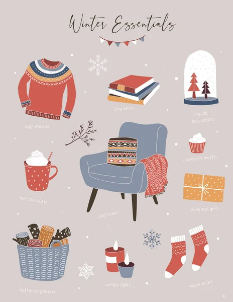 Nordische, skandinavische Winterelemente und Hygge-Konzeptdesign, Frohe Weihnachten Karte, Banner, Hintergrund, handgezeichnete Vektorillustrationen — Stockvektor