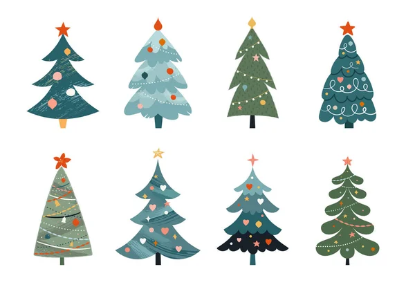 Συλλογή χριστουγεννιάτικων δέντρων, μοντέρνα επίπεδη σχεδίαση. Αυτοκόλλητα, στοιχεία, αφίσες Καλά Χριστούγεννα, εικόνες. Εικονογράφηση διανύσματος — Διανυσματικό Αρχείο