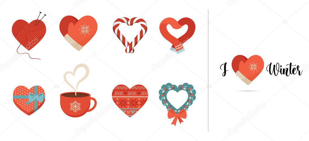 Winter love. Collection of concept icons, elements with red hearts in different shapes: scarf, mug, gift box, mittens and candy. Flat vector icons, isolated on white. Concept Christmas vector design