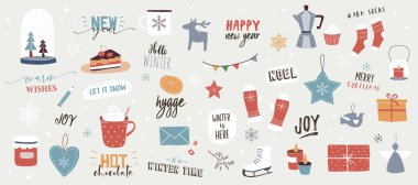 Noel süslemeleri, bayram hediyeleri, kış örgü yün kıyafetler, zencefilli ekmek, ağaçlar, hediyeler ve penguen koleksiyonu. Düz çizgi film tarzında renkli vektör illüstrasyonu.