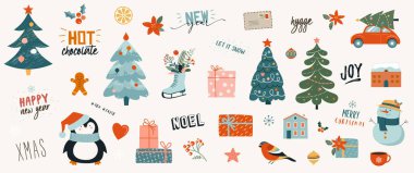 Noel süslemeleri, bayram hediyeleri, kış örgü yün kıyafetler, zencefilli ekmek, ağaçlar, hediyeler ve penguen koleksiyonu. Düz çizgi film tarzında renkli vektör illüstrasyonu.