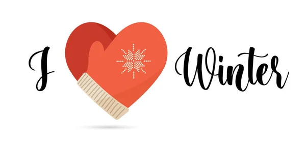 Winterliebe. Ich liebe Winterkarte, Aufkleber, Icon mit Schriftzug und flaches Vektorsymbol, isoliert auf weiß. Konzept Weihnachtsvektordesign — Stockvektor