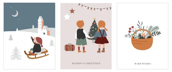 Vintage style cute Scandinavian winter kids greeting cards collection. Children and babies wearing fashion bohemian clothes. Retro style vector illustrations. Fashion concept — Stock Vector