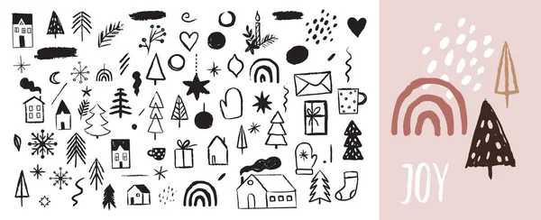 Handritade jul och nyår klotter, skisser och ikoner. Vektorillustrationer — Stock vektor
